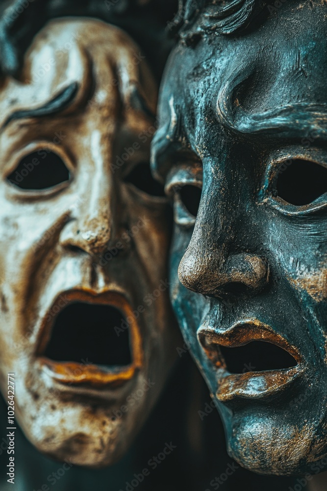 A close-up view of two masks with facial expressions, ideal for use in photography or costume design
