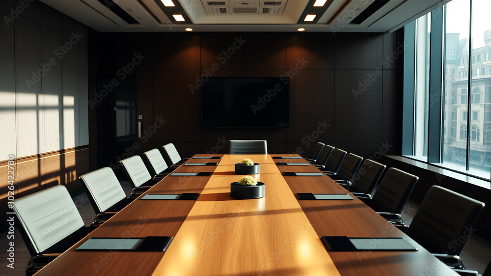 Corporate Meeting Room Sleek boardroom table with natural lighting Corporate Meeting Room Sleek boardroom table with natural lighting