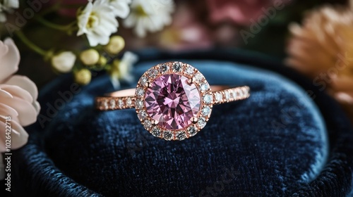 A close-up of a pink diamond engagement ring on a velvet cushion, surrounded by delicate flowers