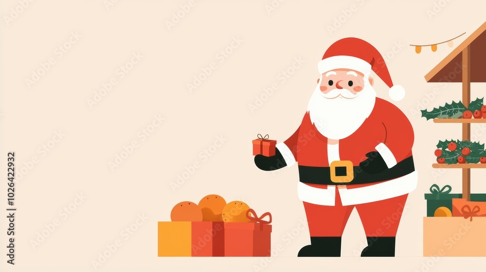 Santa Claus holding a gift with Christmas decorations in the background, white isolate. Santa Claus holding a gift with Christmas decorations in the background, white isolate.