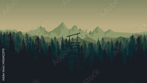 sunrise in the mountain forest sillhouette vector illustration good for presentation, advertising, ads, business, wallpaper, backdrop, background, and web banner