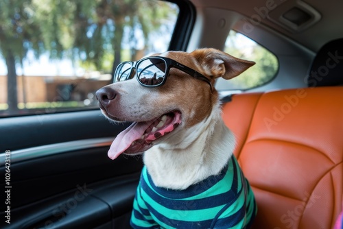 A dog wearing sunglasses and a striped shirt sits in a car