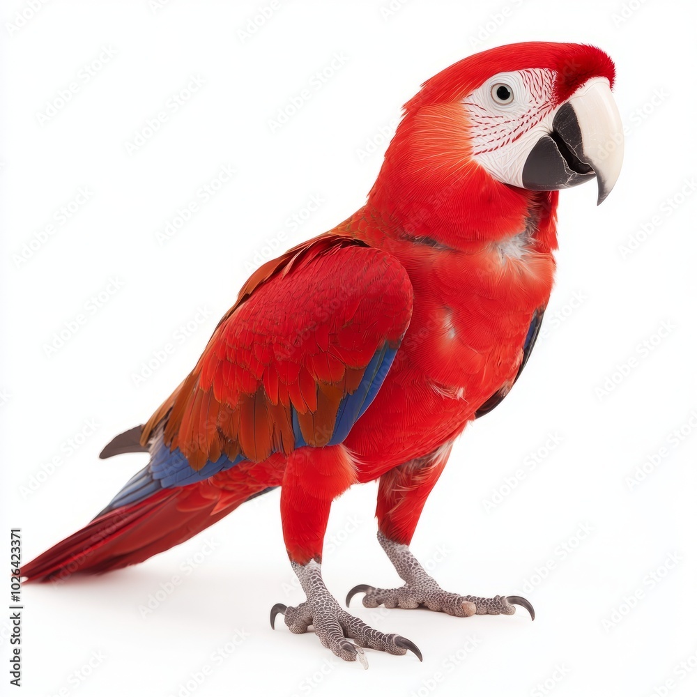 Fototapeta premium A vibrant red parrot standing upright against a white background.
