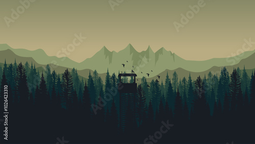 sunrise in the mountain forest sillhouette vector illustration good for presentation, advertising, ads, business, wallpaper, backdrop, background, and web banner