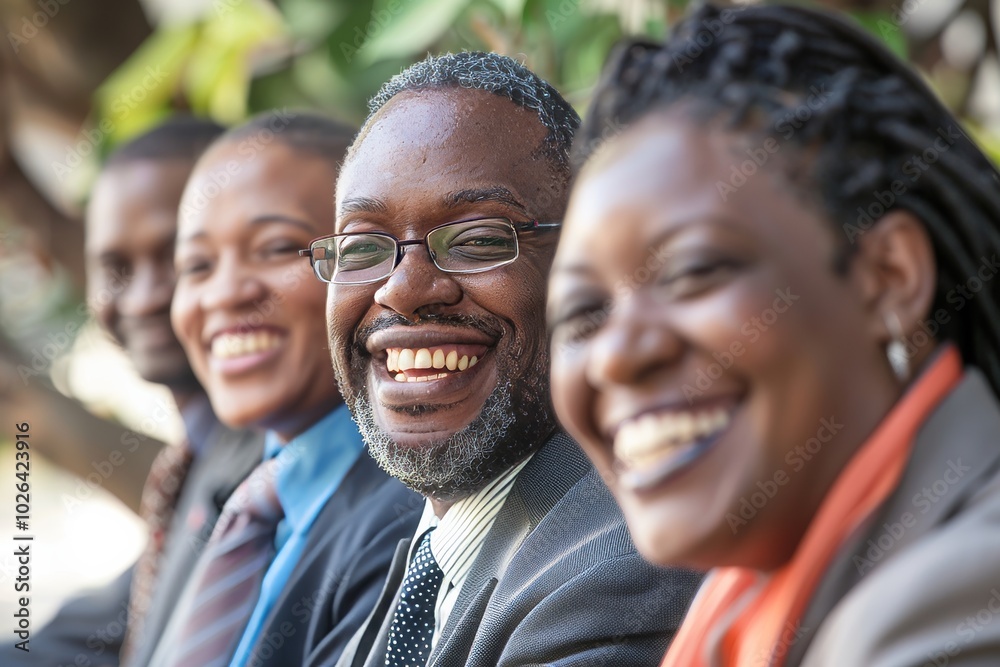 Portrait of happy African American business team smiling at camera in a park. Portrait of happy African American business team smiling at camera in a park.