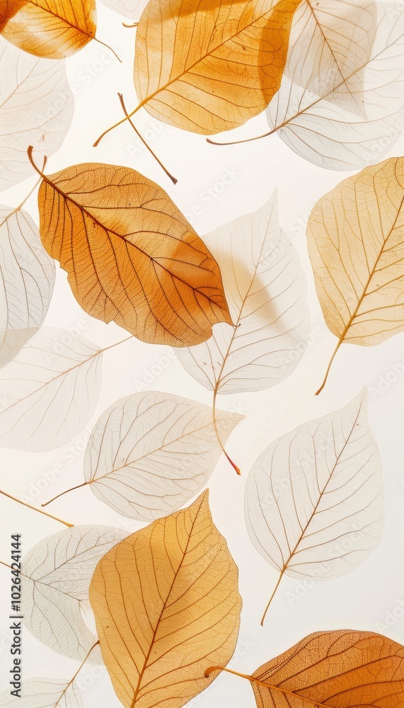 Obraz premium Minimalist Autumn Abstract with Soft Translucent Leaf Silhouettes in Muted Gold, Orange, and Brown Hues