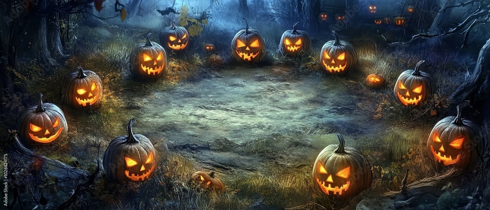 A large circle of pumpkins with their eyes open and glowing in the dark A large circle of pumpkins with their eyes open and glowing in the dark