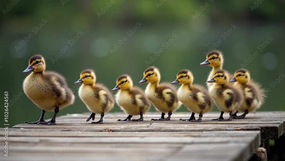 Adorable ducklings following their mother across a wooden bridge by a tranquil lake