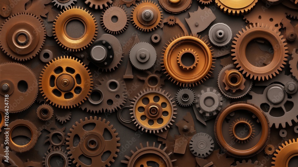 Abstract collage of assorted metallic gears and cogs in various sizes, with intricate interlocking designs and a range of earthy colors like brown and bronze. Abstract collage of assorted metallic gears and cogs in various sizes, with intricate interlocking designs and a range of earthy colors like brown and bronze.