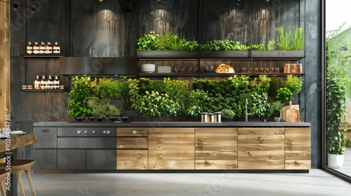 Contemporary kitchen with vertical garden wall