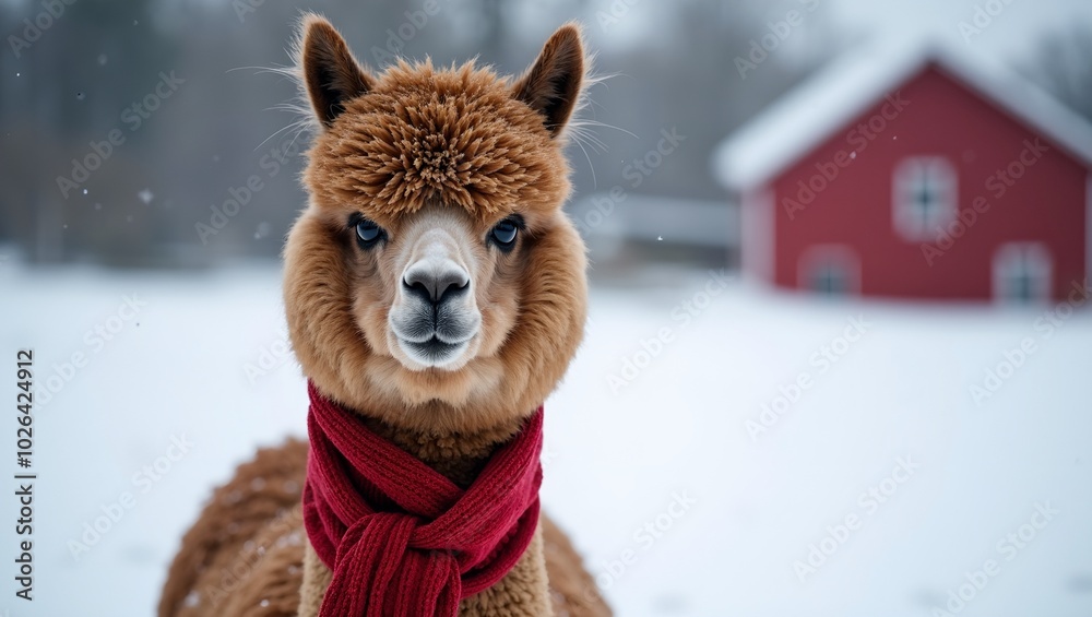 Festive alpaca in winter scarf in snow field Festive alpaca in winter scarf in snow field