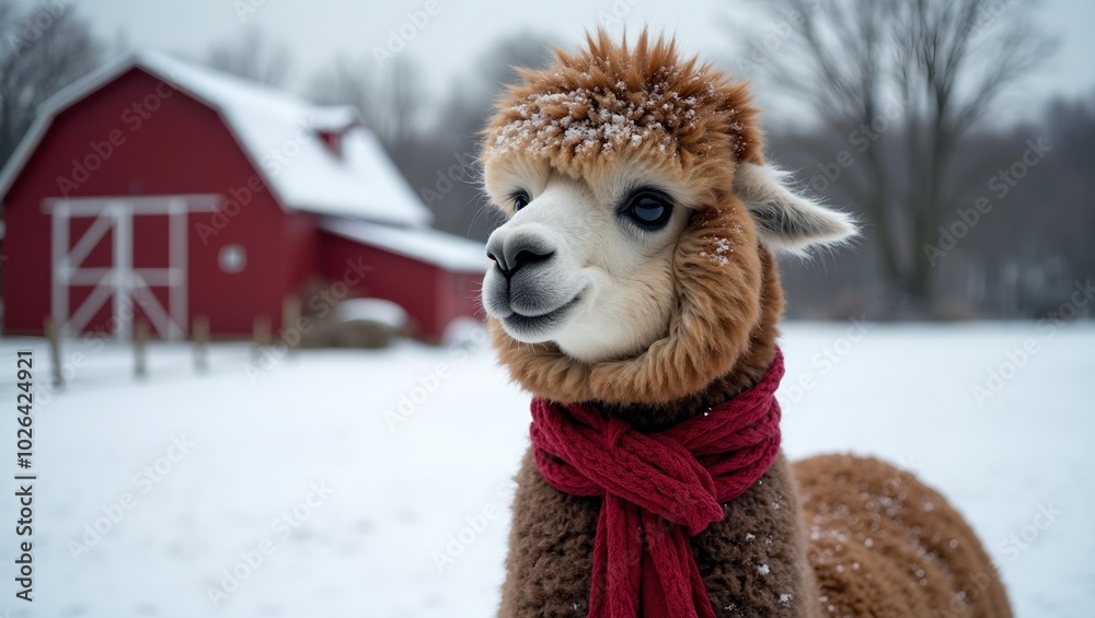 Festive alpaca in winter scarf in snow field Festive alpaca in winter scarf in snow field