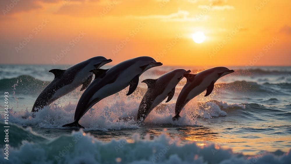 Fototapeta premium Graceful dolphins leaping in golden sunset light