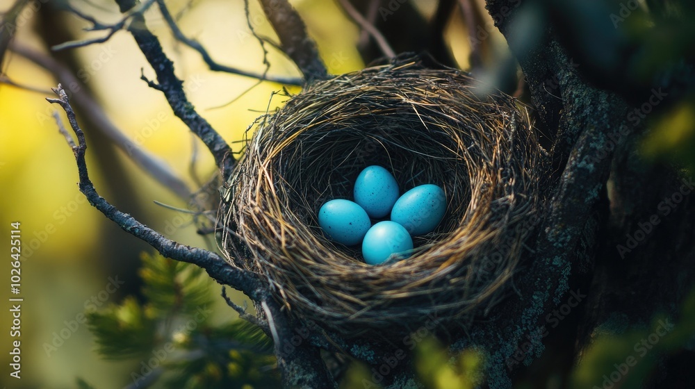 A close-up of a robin nest with blue eggs nestled in the branches of a tree A close-up of a robin nest with blue eggs nestled in the branches of a tree