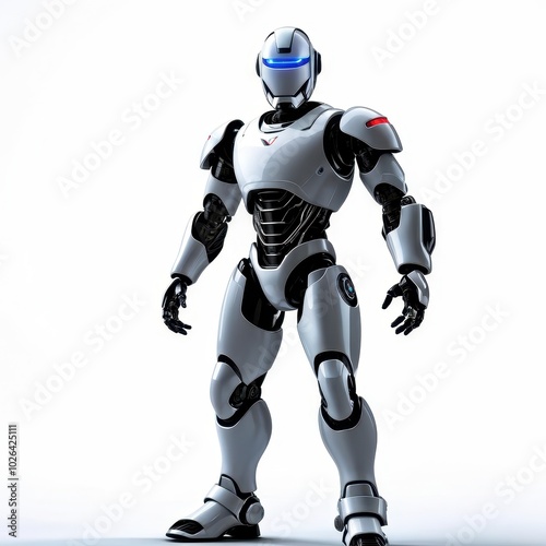 A futuristic humanoid robot with a sleek design and blue accents.