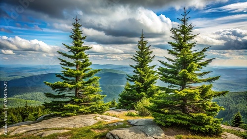 Low angle view of evergreen trees on Mount Ascutney photo