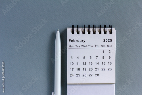 Desk calendar for February 2025 on a gray background with space for copying.