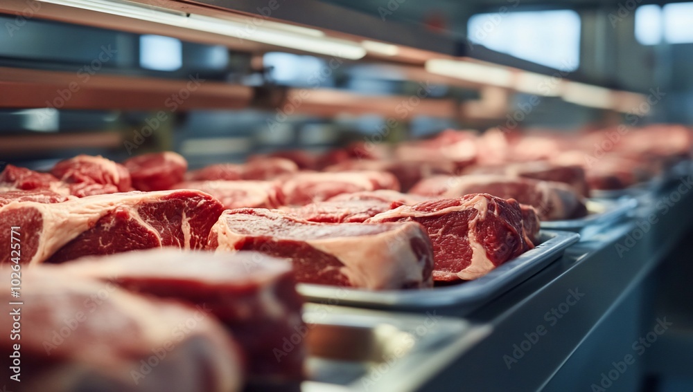 Display of fresh meat cuts in a processing facility. Display of fresh meat cuts in a processing facility.