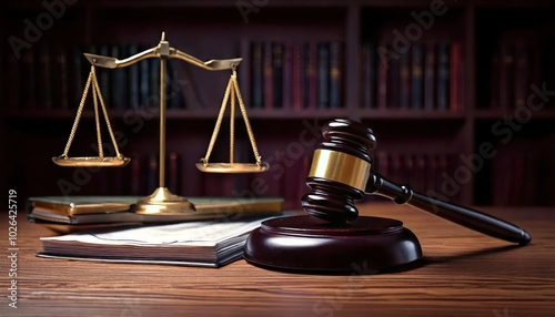 Law and justice, featuring symbols like a gavel, scales of justice, and legal documents 