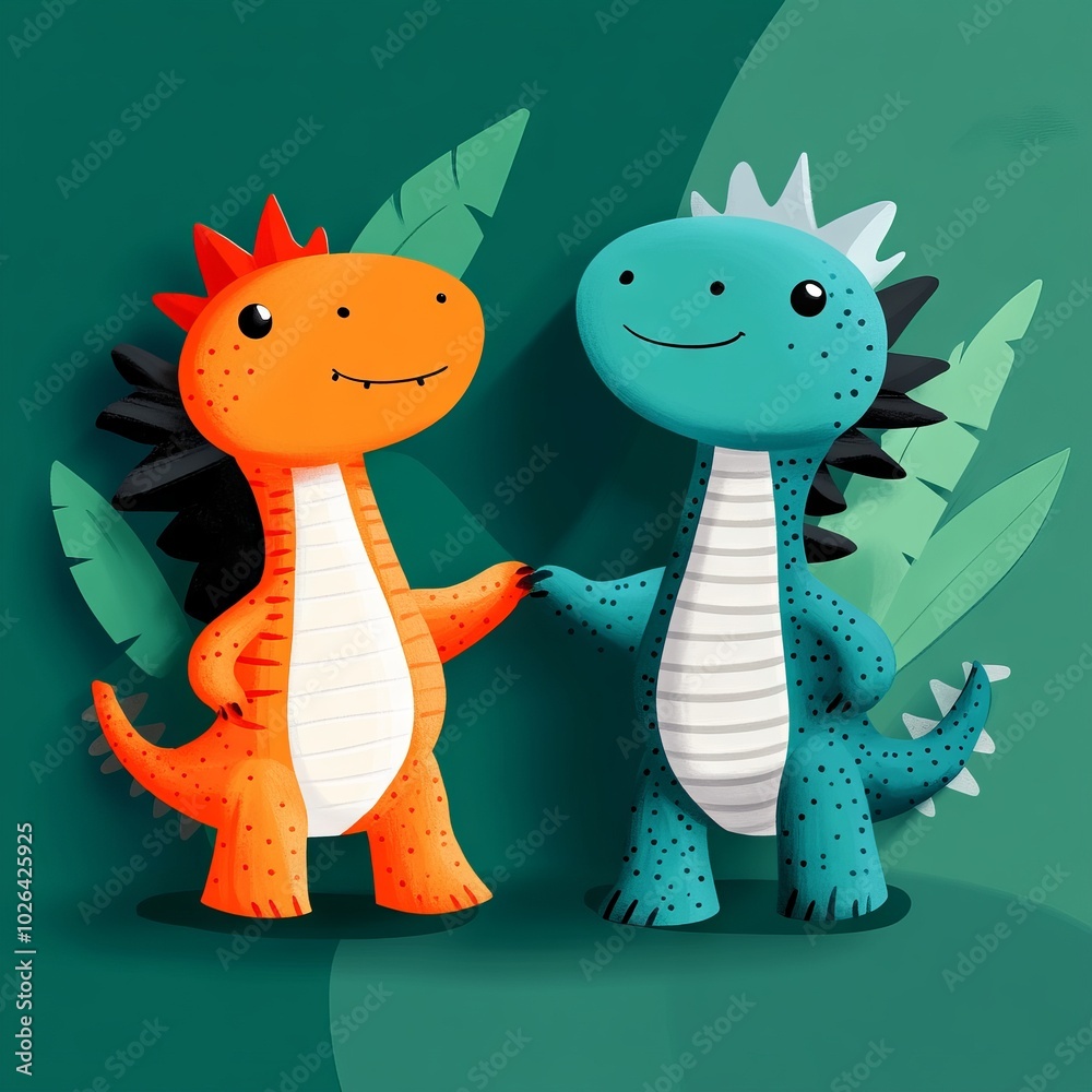 Naklejka premium Two cartoon dinosaurs holding hands against a colorful background.