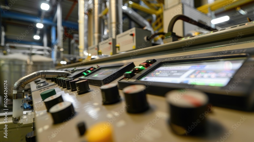 Control panel with digital displays and switches in a factory Control panel with digital displays and switches in a factory