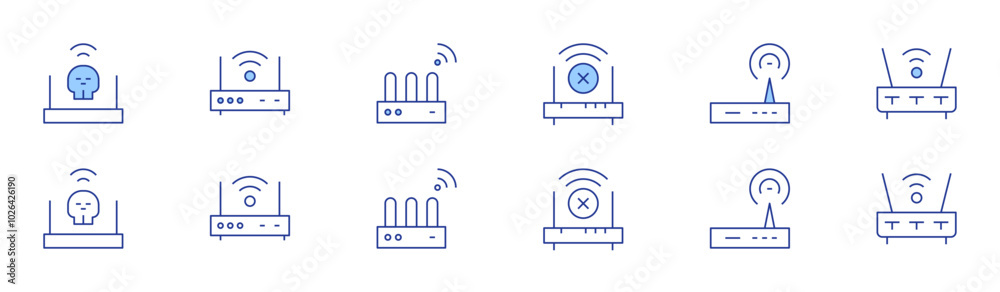 Router icon set in two styles, Duotone and Thin Line style. Editable stroke. wifirouter, connectivity, wirelessrouter, modem, router Router icon set in two styles, Duotone and Thin Line style. Editable stroke. wifirouter, connectivity, wirelessrouter, modem, router