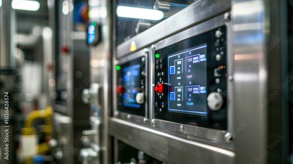 Control panel with digital displays and switches in a factory Control panel with digital displays and switches in a factory
