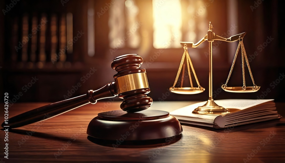 Law and justice, featuring symbols like a gavel, scales of justice, and legal documents Law and justice, featuring symbols like a gavel, scales of justice, and legal documents