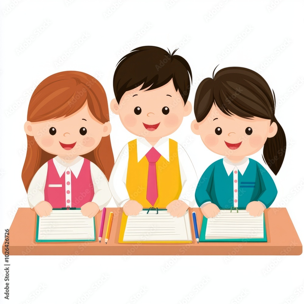 Three cheerful children sitting at a desk with notebooks and pencils. Three cheerful children sitting at a desk with notebooks and pencils.