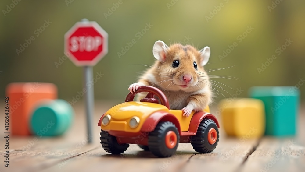 Fototapeta Adorable hamster driving toy car with block scenery