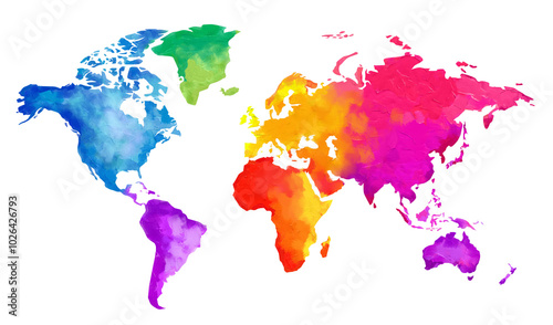 Multi color World Map Acrylic Illustration Isolated on Transparent Background