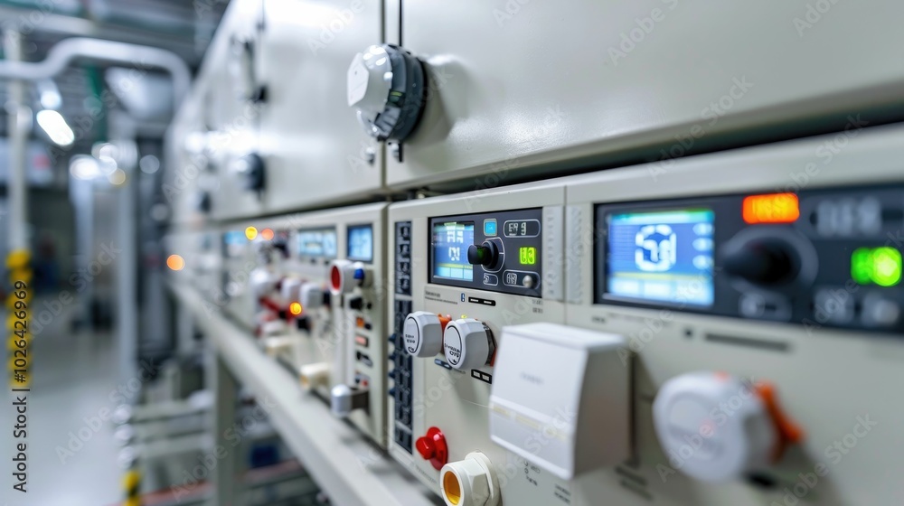 Control panel with digital displays and switches in a factory Control panel with digital displays and switches in a factory