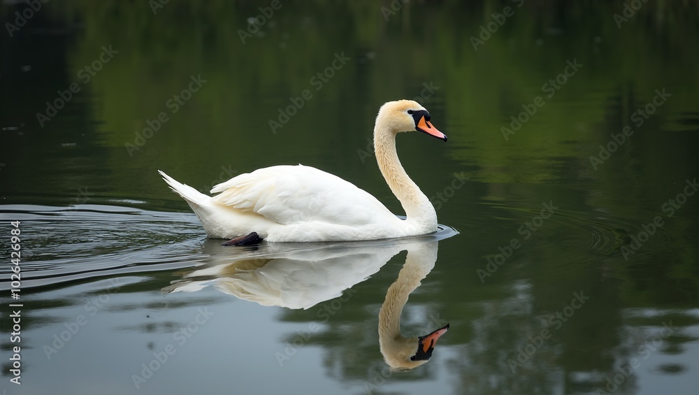Graceful white swan on calm lake with mirrored reflection and green trees Graceful white swan on calm lake with mirrored reflection and green trees