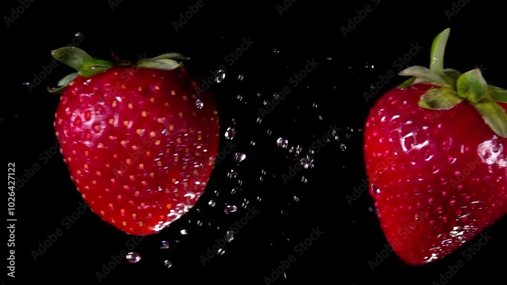 Large strawberries are flying towards each other and colliding on the black background in slow motion rising drops of water. High quality 4k footage