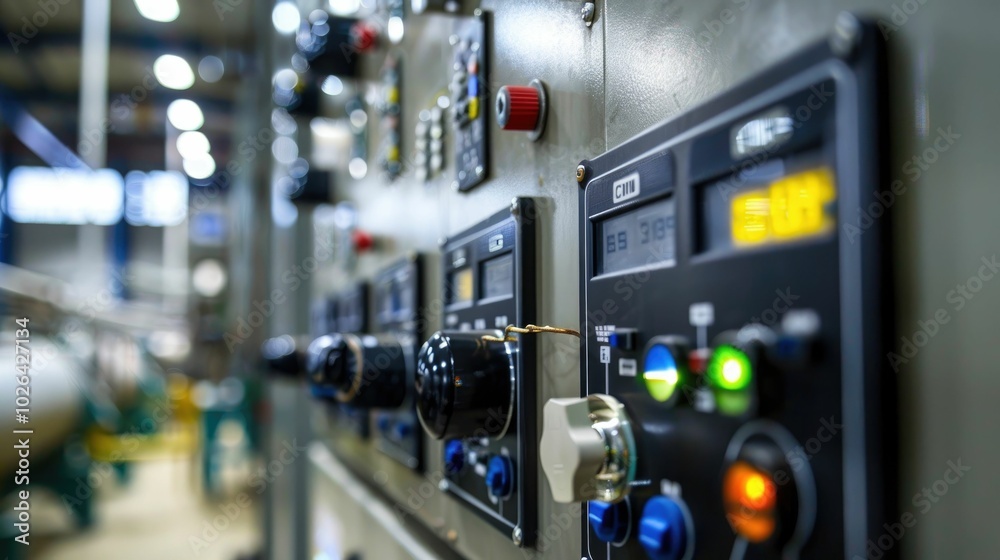 Control panel with digital displays and switches in a factory Control panel with digital displays and switches in a factory
