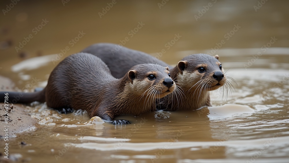 Fototapeta premium Two playful otters sliding into the water from muddy riverbank