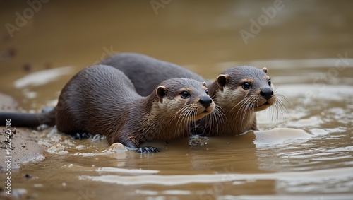 Two playful otters sliding into the water from muddy riverbank