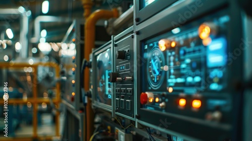 Control panel with digital displays and switches in a factory