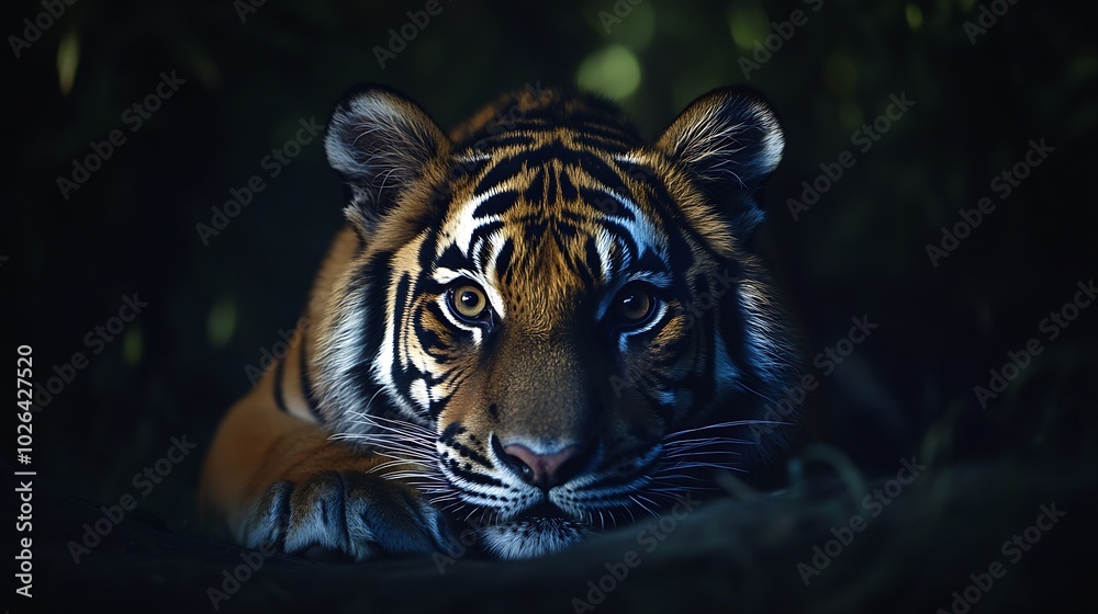 Bengal tiger lies in darkness watching camera : Generative AI Bengal tiger lies in darkness watching camera : Generative AI