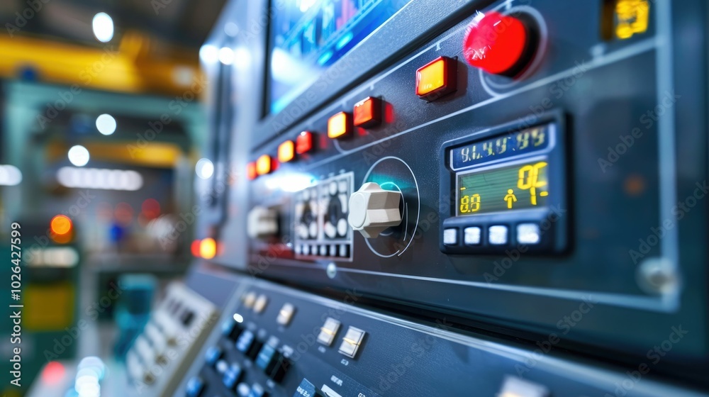 Control panel with digital displays and switches in a factory Control panel with digital displays and switches in a factory