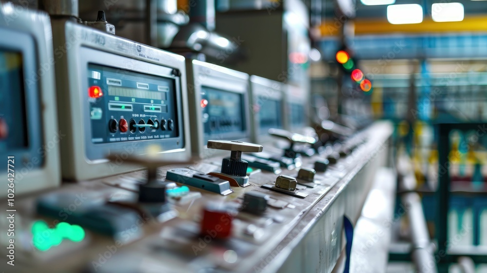 Control panel with digital displays and switches in a factory Control panel with digital displays and switches in a factory