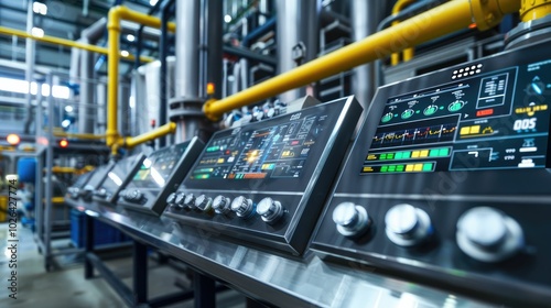 Control panel with digital displays and switches in a factory