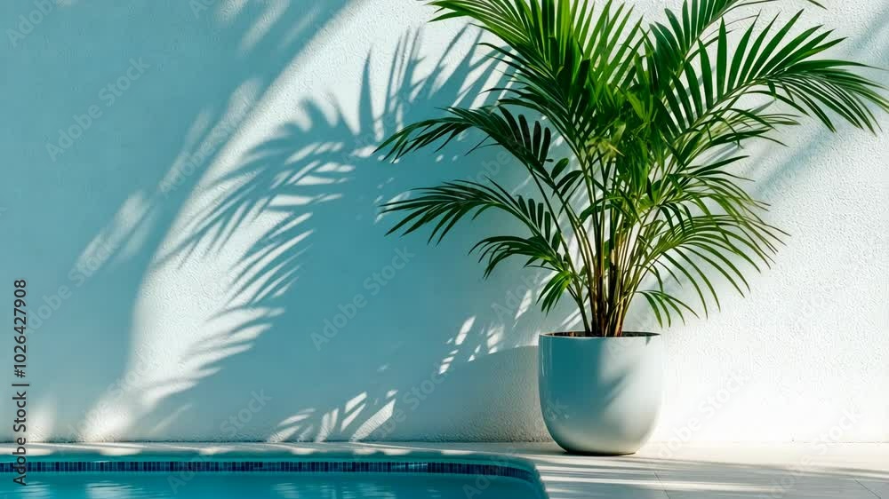 A palm tree casts a shadow on a white wall near a blue pool