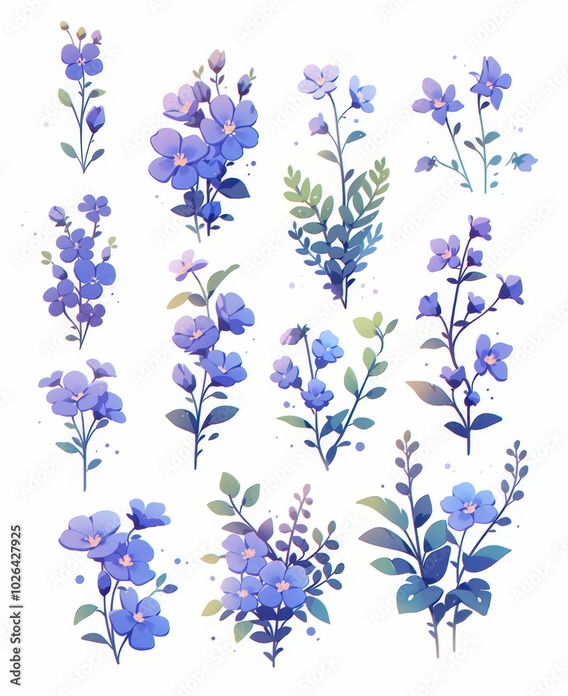 Collection of delicate blue and purple watercolor flowers on a white background. Collection of delicate blue and purple watercolor flowers on a white background.