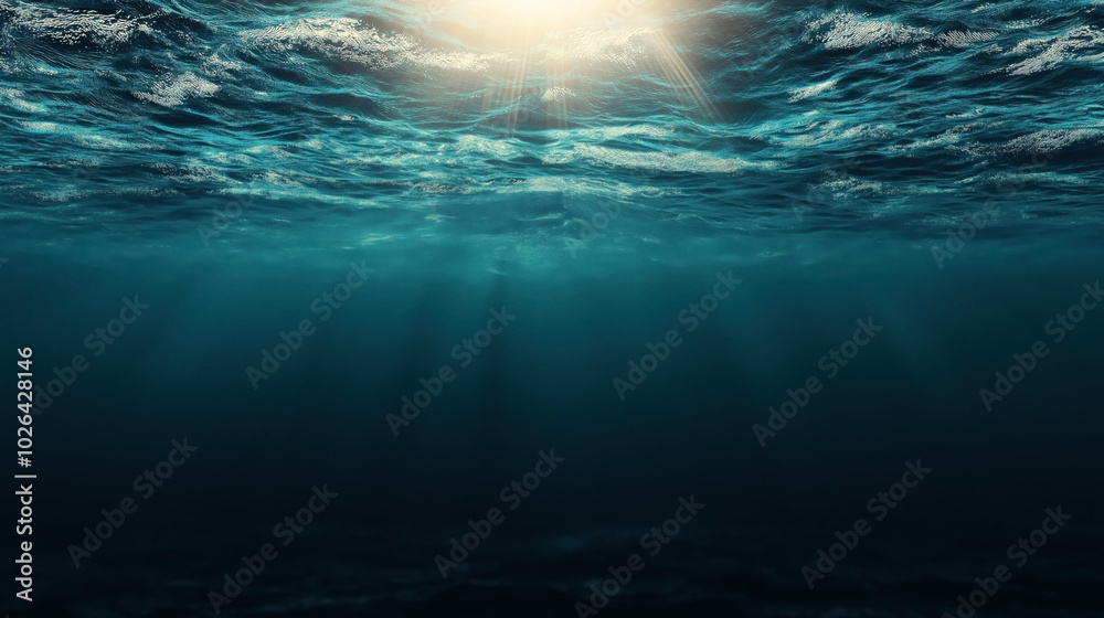 Obraz premium Underwater view of ocean with sunlight filtering through surface waves, casting beams of light into the deep, creating a serene and tranquil aquatic scene.