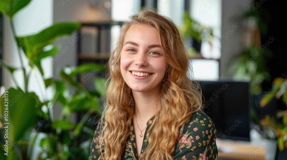 Corporate professional with a friendly smile in an open-plan office Corporate professional with a friendly smile in an open-plan office