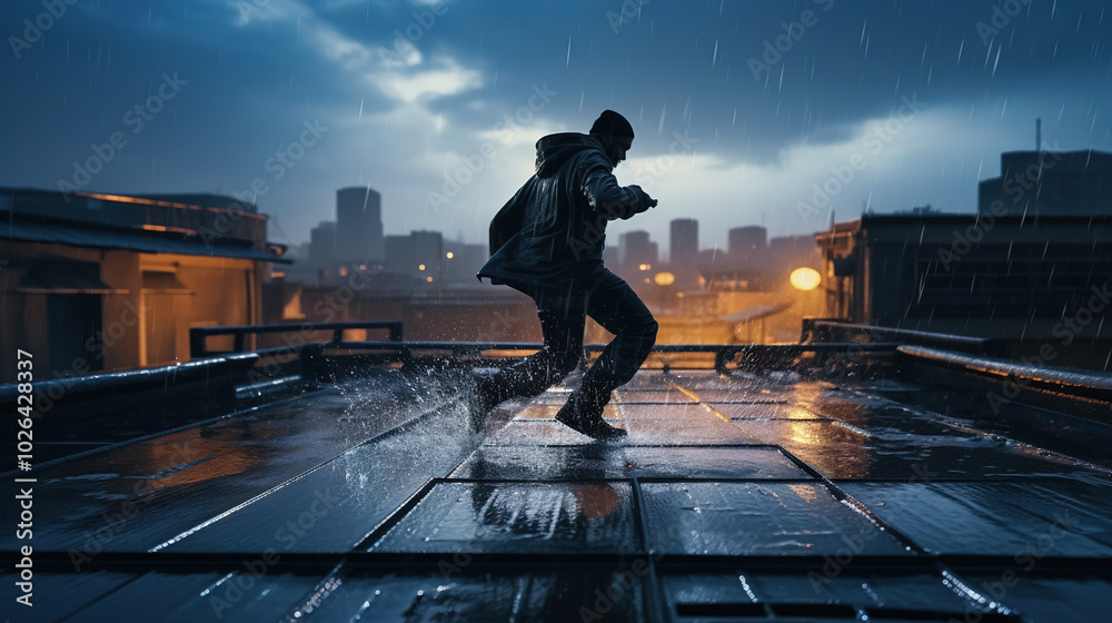 Fototapeta premium Action shot with man fighting on the roof. Dynamic martial arts scene in action movie blockbuster style.