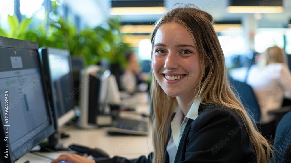 Corporate professional with a friendly smile in an open-plan office Corporate professional with a friendly smile in an open-plan office