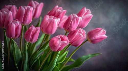 A close-up of pink tulips arranged in a vase, with soft lighting highlighting their vibrant color