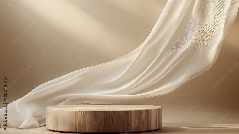 3. **Feminine Luxury**: Design a refined 3D display featuring a wooden pedestal against a smooth brown background, with a delicate silk curtain flowing gracefully. The natural wind effect should
